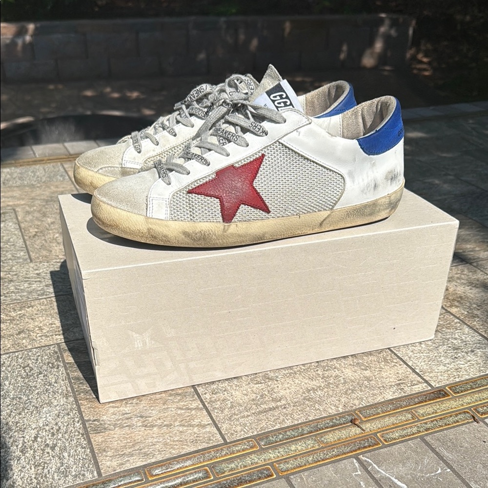 Golden Goose White and Red Distressed Sneakers